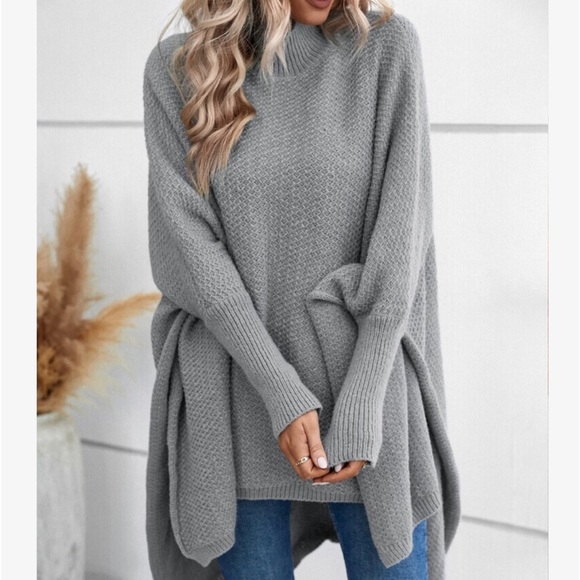 Cozy Mock Neck Dolman Sleeve High Low Hem Sweater Cape - Picture 3 of 6